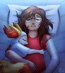 anthro bodily_fluids brown_hair cast clothed clothing comfort duo eye_patch eyewear female fully_clothed fur glasses hair hospital inner_ear_fluff larger_human lying on_back shawl size_difference sleeping smaller_anthro tears tuft wounded sweet_mintality nintendo pokemon braixen canid canine fox generation_6_pokemon human mammal pokemon_(species) digital_media_(artwork) hi_res