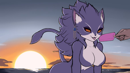 anthro big_breasts breasts countershading disembodied_hand duo ear_piercing ear_ring featureless_breasts female food nude piercing popsicle ring_piercing sunset tongue tongue_out kierus mana_(series) square_enix trials_of_mana belladonna_(trials_of_mana) domestic_cat felid feline felis human mammal