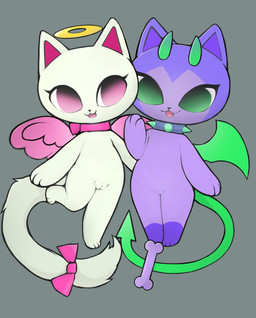 2_horns 3_fingers 3_toes accessory anthro back_wings black_nose blue_collar bow_ribbon chibi collar duo eyelashes fangs feathered_wings feathers featureless_chest feet female female_anthro fingers flat_chested front_view fur furgonomics genitals green_eyes green_horn green_tail green_wings grey_background halo horn humanoid_genitalia humanoid_vulva membrane_(anatomy) membranous_wings nude nude_anthro nude_female on_one_leg open_mouth pawpads pink_bow pink_collar pink_eyes pink_inner_ear pink_tongue pink_wings pointy_ears prick_ears purple_body purple_ears purple_fur purple_inner_ear purple_vulva ribbons simple_background spade_tail spiked_collar spikes standing tail tail_accessory tail_bow tail_ribbon teal_collar teeth toes tongue two_tone_collar vulva white_body white_ears white_fur white_tail white_vulva wings young young_anthro young_female daz1319 discord_(app) rawr_xd_(discord) angel demon domestic_cat felid feline felis mammal 2025 hi_res