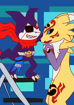 anthro armwear belt chest_tuft claws clothing confident_male double_tomoe elbow_gloves embarrassed eye_patch eyewear female gloves handwear kabedon male male/female scarf step_ladder toe_claws tomoe_(symbol) tuft garmore bandai_namco digimon canid canine digimon_(species) fox imp impmon impmon_x mammal renamon renamon_x x-digimon absurd_res digital_drawing_(artwork) digital_media_(artwork) hi_res