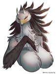 accipitriform anthro avian avian_demon beak big_breasts bird black_eyes breasts featureless_breasts female female_(lore) half-length_portrait head_feathers hela_(fluffythunderbird) hi_res horn iris-icecry long_neck looking_at_viewer nude portrait secretary_bird simple_background smile solo white_background