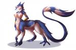 blue_body blue_fur breasts female fur nipples nude red_eyes simple_background solo tail white_body white_fur helaviskrew skyskin_(nooneishere12) sergal sergal_taur taur