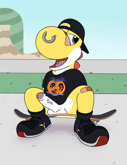 backwards_baseball_cap backwards_cap backwards_hat balls band-aid band-aid_on_knee band-aid_on_leg bandage baseball_cap black_cap black_clothing black_shirt black_topwear blue_eyes bottomless bottomless_male clothed clothing erection facial_piercing footwear foreskin genitals glans hat headgear headwear male multicolored_body nose_piercing nose_ring outside partially_retracted_foreskin penis piercing ring_piercing shirt shoes sitting skateboard sneakers solo tongue tongue_piercing topwear two_tone_body vehicle vein veiny_penis aaron_amethyst anthrax_(band) mario_bros mizuno nintendo yellow_yoshi yoshi absurd_res hi_res