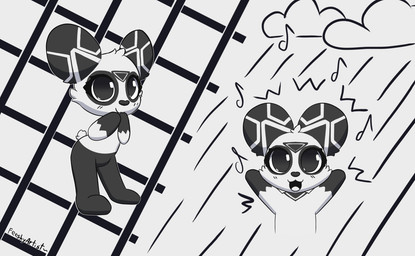 :3 ambiguous_gender anthro big_ears cloud gloves_(marking) lines_drawn markings musical_note musical_symbol open_mouth pattern_background raised_arms scut_tail short_tail simple_background solo symbol tail feeshyartist daguna 2024 signature
