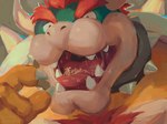 anthro bodily_fluids chest_tuft duo imminent_oral_vore imminent_vore in_mouth macro_pred male male/male mouth_shot on_tongue open_mouth saliva saliva_string scared sharp_teeth teeth tuft uvula vore comfei_puppy mario_bros nintendo bowser canid canine canis koopa mammal scalie wolf