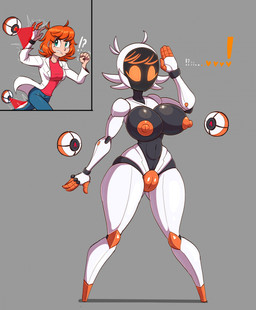 big_breasts breasts drone dronification energy_beam female genitals hair interrobang knock-kneed machine multicolored_body nipples orange_eyes orange_nipples red_hair screen screen_face solo transformation_ray transformation_through_technology vulva flybeeth human humanoid mammal robot hi_res