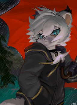 anthro blue_eyes chest_tuft clothed clothing collar fully_clothed fur hair hand_in_pocket holding_object holding_umbrella hoodie looking_at_viewer male male_anthro outside pockets raining solo topwear tuft umbrella white_body white_fur white_hair mighty-whydah felid feline mammal 2021 digital_media_(artwork) digital_painting_(artwork) painting_(artwork)