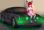 ambiguous_gender animal_genitalia anthro big_ears bio_mechanical bioluminescence blush blush_lines blushing_profusely breasts car claws cute_fangs cybernetics duo fangs fod genitals glowing glowing_blush glowing_eyes green_eyes green_highlights grey_body grin gynomorph gynomorph/ambiguous hair headlight headlight_eyes headlights highlights_(coloring) intersex intersex/ambiguous looking_at_another looking_at_partner love machine markings mystral_(mechaphillia) on_top red_hair romantic romantic_ambiance romantic_couple sheath sitting sitting_on sitting_on_another smile submissive teeth toe_claws vehicle mechaphilia_(artist) sacharel ford ford_mustang dire_car dire_machine dire_vehicle domestic_cat felid feline felis living_car living_machine living_vehicle mammal