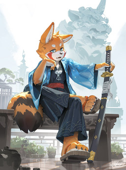 anthro asian_clothing black_nose clothed clothing detailed_background east_asian_clothing fluffy fluffy_tail fur katana kemono male melee_weapon multicolored_body multicolored_fur paws pointy_ears sculpture sitting solo statue sword tail weapon lokey canid canine mammal hi_res