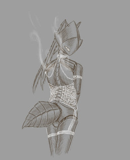 accessory ambiguous_gender antennae_(anatomy) anthro arthropod_abdomen clothing collar corset cuff_(restraint) cuffs_to_collar garter lace lingerie looking_at_viewer looking_back machine metallic_body restraints solo standing steam topwear white_eyes cogheartflutters second_sentinel arthropod robot sketch