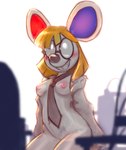 anthro blonde_hair blush breasts chair clothed clothing coat eyewear female fur furniture glasses hair lab_coat necktie necktie_between_breasts nipples nude open_mouth partially_clothed simple_background smile solo topwear namelessenemy animal_crossing nintendo petri_(animal_crossing) mammal mouse murid murine rodent 2021 digital_media_(artwork) hi_res