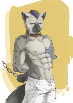 abs anthro areola athletic athletic_anthro athletic_male bottomwear chain clothed clothing collar disembodied_hand ear_piercing eyebrow_piercing facial_piercing fur ghost_hand grey_body grey_fur hair hands_behind_back male markings multicolored_body multicolored_fur pants piercing solo_focus spots spotted_body spotted_fur tail topless topless_anthro topless_male two_tone_body two_tone_fur white_bottomwear white_clothing white_pants clowd_fc arknights hypergryph studio_montagne spot_(arknights) hyena mammal spotted_hyena absurd_res hi_res