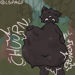 3_eyes >_< anthro balls belly big_belly black_body crunch dialogue digestion eyes_closed forest genitals grass latex liquid_latex male multi_eye noisy_belly onomatopoeia penis plant solo sound_effects text tree vore lspagf cl0ne_(jeddy) felid feline mammal 1:1 absurd_res hi_res