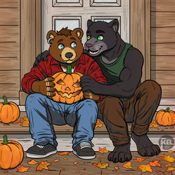 autumn bottomwear building claws clothed clothing denim denim_bottomwear denim_clothing door duo ear_piercing ear_ring facial_piercing food footwear fruit hamia house jack-o'-lantern jeans kaitobear leaf lip_piercing male male/male outside pants partially_clothed piercing plant pumpkin ring_piercing romantic romantic_couple shirt shoes sitting snakebite_piercing tank_top tattoo topwear whiskers artist_kaitobear kaito bear domestic_cat felid feline felis mammal pantherine 1:1 absurd_res hi_res
