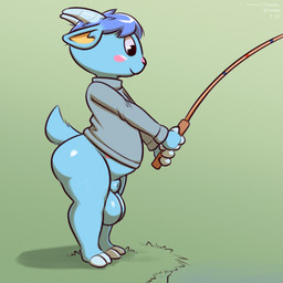 animal_genitalia anthro balls belly_nipples big_balls big_butt blue_body blue_fur blush blush_stickers bottomless bottomless_male butt clothed clothing cloven_hooves fishing fishing_rod fully_sheathed fur genitals grass green_background grey_clothing grey_sweater grey_topwear holding_fishing_rod holding_object hooves horn huge_balls male multi_nipple nipples pink_nipples pink_nose plant sheath side_view simple_background smile solo standing sweater sweater_only thick_thighs topwear topwear_only frumples animal_crossing nintendo sherb_(animal_crossing) bovid caprine goat mammal 1:1 2020 dated digital_drawing_(artwork) digital_media_(artwork) hi_res