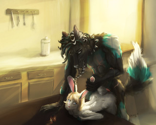 animal_genitalia anthro black_body black_fur bodily_fluids breasts collar curled_horn drooling duo ear_pull eyewear female from_behind_position fur genitals glasses horn knot larger_male long_tongue male male/female nude open_mouth pecs predator/prey rough_sex saliva scar sex size_difference smaller_female snarling spiked_collar spikes standing striped_horn striped_tongue stripes teeth tongue white_body white_fur skogi canid canine canis lagomorph leporid mammal rabbit wolf 5:4 hi_res