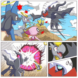 ambiguous_gender angry anthro black_body blue_body blue_fur claws feral fur group hair white_hair yellow_body yellow_fur ragster_(artist) mythology nintendo pokemon celebi darkrai dragon felid generation_2_pokemon generation_4_pokemon generation_7_pokemon hakamo-o humanoid legendary_pokemon lucario mammal mythological_creature mythological_scalie pokemon_(species) scalie zeraora 1:1 comic digital_media_(artwork) hi_res