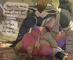 2_horns anthro arm_wraps aroused blush bulge clothing dialogue duo eye_contact fluffy fluffy_tail fur grey_body grey_fur horn interspecies looking_at_another male male/male pink_body pink_scales pinned pinned_arms pinned_to_ground profanity scales speech_bubble tail text toga wraps biskierisky aurele_(skelloinn1) kobold mammal procyonid raccoon scalie english_text hi_res