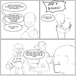 anthro border clothing coat dialogue eyewear faceless_character female glasses grey_border group lab_coat male text topwear trio wearing_glasses luckyhomie doc_(luckyhomie) rookie_(luckyhomie) camelid human llama mammal 1:1 comic english_text hi_res monochrome