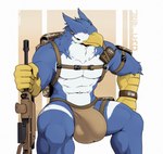 abs anthro beak biceps big_bulge bulge clothed clothing feathers gun holding_object holding_weapon male muscular muscular_anthro muscular_male pecs ranged_weapon rifle simple_background solo underwear weapon corrsk mythology jericko_(germanshepherd69) avian gryphon mythological_avian mythological_creature digital_media_(artwork) hi_res