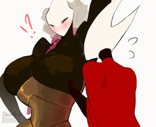 antennae_(anatomy) anthro armpit_fetish armpit_lick armpit_play armpit_sniffing big_breasts biped black_body black_eyes blush bodily_fluids breasts clothed clothing duo female female/female glistening glistening_body glistening_breasts grey_background huge_breasts interrobang licking simple_background sniffing sweat text thick_thighs tongue tongue_out bluevelo bakushin_armpit_gif hollow_knight:_silksong hollow_knight_(franchise) team_cherry hornet_(hollow_knight) shakra_(hollow_knight:_silksong) arthropod insect 2026 2d_animation animated animation_meme artist_name digital_media_(artwork) frame_by_frame loop meme url