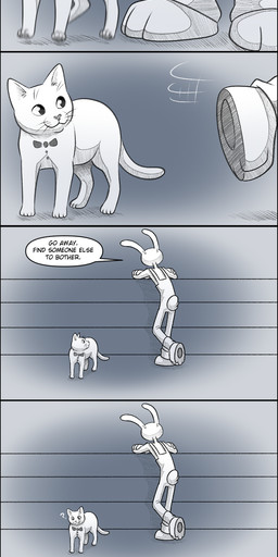 anthro clothed clothing dialogue female hat headgear headwear jester looking_back male petting sitting smile speech_bubble standing text absolutedream glitch_productions the_amazing_digital_circus jax_(tadc) pomni_(tadc) domestic_cat felid feline felis human lagomorph leporid mammal rabbit absurd_res comic english_text hi_res long_image tall_image