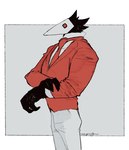 2021 anthro avian bottomwear clothed clothing darkner deltarune male mask mucknagabe necktie pants solo suit swatchling undertale_(series)