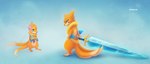 2_tails 3_toes bandage biped blue_background blue_eyes duo feet female feral fingers flower fur gradient_background hair holding_object holding_weapon looking_at_another melee_weapon multi_tail orange_body orange_fur orange_hair plant plushie simple_background standing sword tail toes weapon young eldrige nintendo pokemon floatz buizel dewott floatzel generation_4_pokemon generation_5_pokemon pokemon_(species) 2014