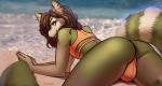 all_fours anthro beach brown_hair bulge butt clothed clothing crossdressing detailed_background femboy fur green_body green_fur green_tail hair long_hair looking_at_viewer looking_back male outside sand seaside smile solo swimwear tail thick_thighs water smiju aster_(astervera) ailurid mammal red_panda digital_media_(artwork) shaded