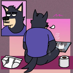 anthro blue_clothing blue_shirt blue_t-shirt blue_topwear bottomless bottomless_male breath briefs briefs_off butt clothed clothing facial_hair half-closed_eyes male masturbation mustache narrowed_eyes shirt solo sound_effects stubble t-shirt tank_top text tighty_whities toilet_paper_roll toony topwear underwear underwear_off white_briefs white_clothing white_shirt white_tank_top white_text white_topwear white_underwear eddicus edgar_(eddicus) canid canine canis domestic_dog husky mammal nordic_sled_dog spitz 1:1 hi_res