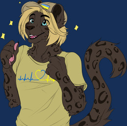 anthro baseball_cap blue_eyes clothed clothing female fur hair hat headgear headwear looking_at_viewer open_mouth pawpads pink_pawpads shirt smile sparkles spots teeth topwear ukrainian_flag omez sebi felid mammal pantherine alpha_channel hi_res