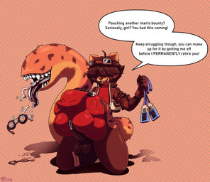 anthro anthro_pred balls big_balls big_breasts bodily_fluids body_outline bottomless breast_imprints breasts clothed clothing dialogue drooling erection eyewear eyewear_on_head face_imprint female female_prey genital_fluids genitals goggles goggles_on_head hair hair_over_eyes hand_imprint imprint jacket kneeling leaking_precum male male_pred oral_vore penis_between_breasts penis_on_belly precum saliva same_size_vore sharp_teeth tail tail_mouth talking_to_prey taunting teeth text thick_tail tongue tongue_out topwear unusual_anatomy unusual_tail vore tascom poink_(moodymustelid) ailurid mammal red_panda digital_media_(artwork) english_text hi_res