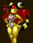 2013 abstract_background ampharos anthro black_sclera breasts elpatrixf female generation_2_pokemon hands_on_hips hi_res musical_note navel nintendo nipples nude open_mouth pokemon pokemon_(species) pokemorph simple_background solo yellow_body yellow_skin