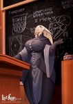 anthro big_breasts breasts chalkboard clothing female floppy_ears hair hair_over_eye lop_ears podium professor robe runes solo teaching tight_clothing hiverdose last_fables eni_siverets_(last_fables) hare lagomorph leporid mammal hi_res