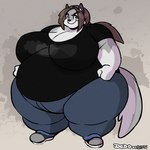 anthro belly big_belly big_breasts bottomwear breasts brown_hair clothed clothing female footwear fur grey_body grey_fur hair huge_breasts huge_thighs multicolored_body multicolored_fur obese obese_anthro obese_female overweight overweight_anthro overweight_female pants ponytail shirt shoes solo text thick_thighs topwear two_tone_body two_tone_fur white_body white_fur dedoarts sophia_(xxsparcoxx) canid canine canis mammal wolf 1:1 2016 artist_name digital_media_(artwork)