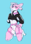 anthro blue_pupils blush bodily_fluids bottomless bottomless_anthro breasts clothed clothing cloven_hooves collar countershading embarrassed featureless_crotch female female_anthro fur grey_eyes grey_hair hair harness hoodie hooves mohawk nervous piercing pink_body pink_fur pupils shy solo sweat tail tail_motion tailwag thights topwear under_boob undressing unguligrade wag white_body white_countershading white_fur white_hooves bubimilk adidas bubi_(bubimilk) cervine deer mammal hi_res