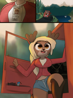 anthro antlers big_breasts blonde_hair boots bottomwear breasts brown_body brown_fur card clothing denim driving female footwear forest forest_background fur hair horn id_card jacket lake nature nature_background opening_door orange_eyes plant road shirt shoes shorts smile solo tall thick_thighs topwear tree truck undershirt vehicle white_clothing white_shirt white_topwear wide_hips guak nora_ashford deer mammal moose new_world_deer 3:4 absurd_res comic hi_res