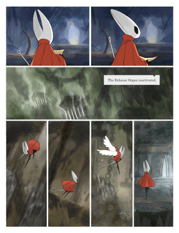 anthro biped black_body black_eyes cloak clothing detailed_background dialogue empty_eyes feathered_wings feathers female female_anthro holding_melee_weapon holding_object holding_sword holding_weapon hornet's_needle melee_weapon mouthless reading red_cloak red_clothing solo speech_bubble sword text weapon white_body wings darkdog hollow_knight:_silksong hollow_knight_(franchise) team_cherry hornet_(hollow_knight) arthropod 2025 absurd_res comic digital_drawing_(artwork) digital_media_(artwork) english_text hi_res multiple_scenes
