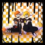 alternative_fashion checkered checkered_background clothed clothing duo emo female lesbian_pride_colors lgbt_pride male orange_lesbian_pride_colors pattern_background pride_color_accessory pride_color_clothing pride_colors simple_background silvetz domestic_cat felid feline felis mammal 1:1 hi_res sibling_(lore)