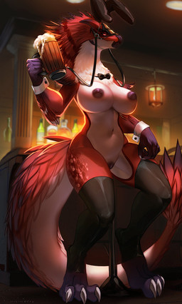 3_toes 5_fingers anthro areola beak biped breasts claws clothed clothed_anthro clothed_female clothing countershade_torso countershading feathers feet female finger_claws fingers genitals inside legwear legwear_only mostly_nude navel nipples pantsless pantsless_anthro pantsless_female partially_clothed partially_clothed_anthro partially_clothed_female red_body red_eyes red_feathers red_tail solo standing tail thigh_highs thigh_highs_only toe_claws toes topless topless_anthro topless_female vulva iris-icecry capcom monster_hunter bird_wyvern seikret 2025 digital_drawing_(artwork) digital_media_(artwork) hi_res