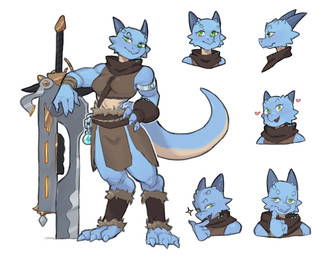 3_toes anthro armlet blue_horn blue_tail brown_clothing brown_topwear chain claws clothed clothed_anthro clothed_female clothing countershade_tail countershade_torso countershading eyelashes feet female female_anthro fingers green_eyes hand_on_hip head_horn heart_symbol horn long_eyelashes melee_weapon mouth_closed open_mouth open_smile simple_background smile solo sword tail toe_claws toes topwear weapon white_background white_sclera karu184 sirp_(p_r_i_s_m_a_n) kobold scalie 2023 absurd_res digital_drawing_(artwork) digital_media_(artwork) expression_sheet full-length_portrait hi_res model_sheet portrait