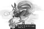 butt canid canine dialogue_box duo english_text ensus female feral fox hi_res human mammal maplestory monochrome nude rule34artist_(artist) sino_(maplestory) solo surprised_expression text