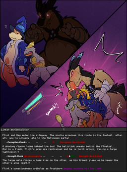 animal_genitalia anthro anthrofied balls blush clothed clothing costume deep_kiss dominant experience_bar eye_glint fully_sheathed gameplay_mechanics genitals glowing glowing_eyes grabbing_from_behind group gui hat headgear headwear health_bar hypnosis hypnotic_eyes kissing larger_dom looming looming_over male male/male mind_control open_clothing open_robe question_mark questionable_consent restrained robe sheath simple_background size_difference slightly_chubby soul_stealing soul_vore text torn_clothing trio undressing undressing_another wizard_hat wizard_robe asbel_lhant conditional_dnp nintendo pokemon fan_character flint_(flintzell) frostburn_(thraysil) ray_(bombly) floatzel generation_2_pokemon generation_4_pokemon generation_6_pokemon generation_7_pokemon heliolisk hybrid hybrid_pokemon pokemon_(species) salazzle typhlosion 2026 absurd_res digital_drawing_(artwork) digital_media_(artwork) english_text hi_res
