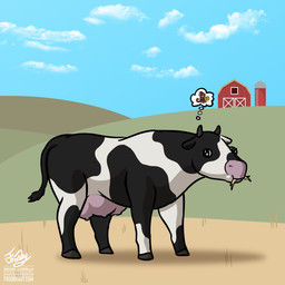 animal_print barn bovine_teats bovine_udders cloud cow_print eating farm farmhouse female feral grass grass_field hay hill hooves horn plant purple_teats purple_udders reality_shift reverse_transformation silo sky solo teats thought_bubble transformation transformation_sequence udders frooby bovid bovine cattle dairy_cattle holstein_friesian_cattle mammal 1:1 absurd_res digital_media_(artwork) hi_res signature