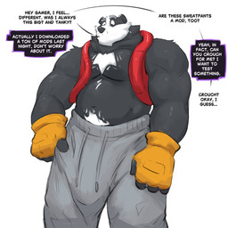 4_fingers anthro asking_another barazoku biceps big_bulge big_muscles biped black_body black_fur black_nose body_hair bottomwear broad_shoulders bulge chest_hair clothed clothed_anthro clothed_male clothing countershade_face countershading deltoids detailed_bulge dialogue eyebrows fingerless_gloves fingers front_view fur genital_outline gloves grey_bottomwear grey_clothing grey_eyebrows grey_pants grey_sweatpants handwear happy_trail head_stripe huge_bulge humanoid_hands implied_transformation looking_down looking_down_at_self male male_anthro monotone_background multicolored_body multicolored_fur musclegut muscular muscular_anthro muscular_arms muscular_male navel offscreen_character pants pecs penis_outline raised_eyebrow red_clothing red_topwear red_vest shirtless shirtless_anthro shirtless_male simple_background solo speech_bubble standing sweatpants talking_to_another text topwear two_tone_body two_tone_fur vest whiskers white_background white_body white_countershading white_fur yellow_clothing yellow_gloves yellow_handwear dullaram bradley_the_badger_(game) bradley_(bradley_the_badger) badger mammal mustelid musteline 1:1 digital_media_(artwork) english_text hi_res portrait shaded three-quarter_portrait