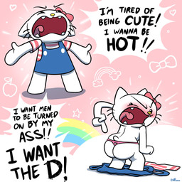 anthro blush bow_ribbon butt clothed clothing dialogue dress fangs female open_mouth shirt solo speech_bubble tail teeth text thong tongue topwear underwear white_body theenfman hello_kiki hello_kitty_(series) les_kassos sanrio hello_kitty_(character) domestic_cat felid feline felis mammal 1:1 english_text hi_res