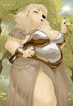 anthro armor armor_plates blush breasts clothing dialogue dress ear_piercing ear_ring eyebrow_piercing facial_piercing female flirting flirting_with_viewer forest gesture jewelry lower_lip makeup markings mole_(marking) mole_on_breast mole_under_eye nose_piercing overweight piercing plant quiver_(object) ring ring_piercing scar solo tall text thick_thighs tooth_necklace tree waving waving_hand yellow_eyes wandwess bear mammal polar_bear ursine absurd_res english_text hi_res