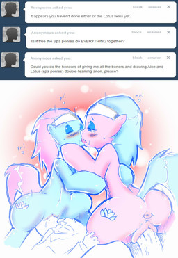 anus bestiality bisexual blue_eyes blue_hair blush bodily_fluids butt clothed clothing cunnilingus cutie_mark erection eyes_closed female female/female female_penetrated feral genital_fluids genitals group group_sex hair heart_symbol human_on_feral humanoid_genitalia humanoid_penis interspecies kissing male male/female male_on_feral male_penetrating male_penetrating_female nude oral penetration penile penile_penetration penis penis_in_vagina pink_hair sex tail text threesome trio vaginal vaginal_fluids vaginal_penetration vulva cold-blooded-twilight friendship_is_magic hasbro my_little_pony aloe_(mlp) anon lotus_(mlp) earth_pony equid equine horse human mammal pony english_text hi_res incest_(lore) sibling_(lore) twincest_(lore) twins_(lore)