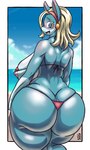 anthro areola beach big_breasts big_butt bikini blonde_hair blue_eyes blush breasts butt clothing cloud female hair huge_breasts looking_back multicolored_body nipples open_mouth seaside sky solo swimwear thick_thighs two-piece_swimsuit two_tone_body water wide_hips y_shaped_butt_crack sigart my_hero_academia ippan_josei mammal quirked_human_(my_hero_academia) 2024 3:5 digital_media_(artwork)