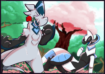 border cherry_blossom duo dutch_angle female flirting flirting_look flower flower_in_mouth lying on_side pink_eyes plant prunus_(flower) rose_(flower) rose_in_mouth screamoshaymin nintendo pokemon diamond_hakamo-o generation_5_pokemon generation_7_pokemon hakamo-o haxorus pokemon_(species) 2026 hi_res